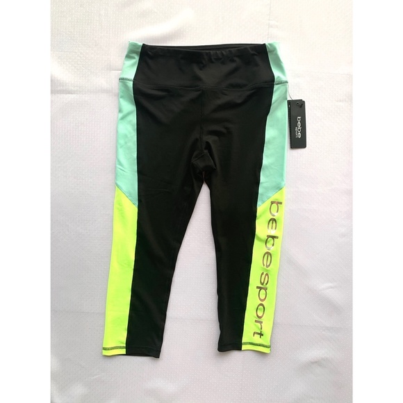 BEBE SPORT BLACK MINT COLOR BLOCK CAPRI LEGGINGS - Picture 6 of 9